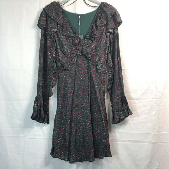 NWOT FREE PEOPLE Size 2 Sweetest Thing Emerald Green & Pink Floral Mini Dress - Picture 1 of 7